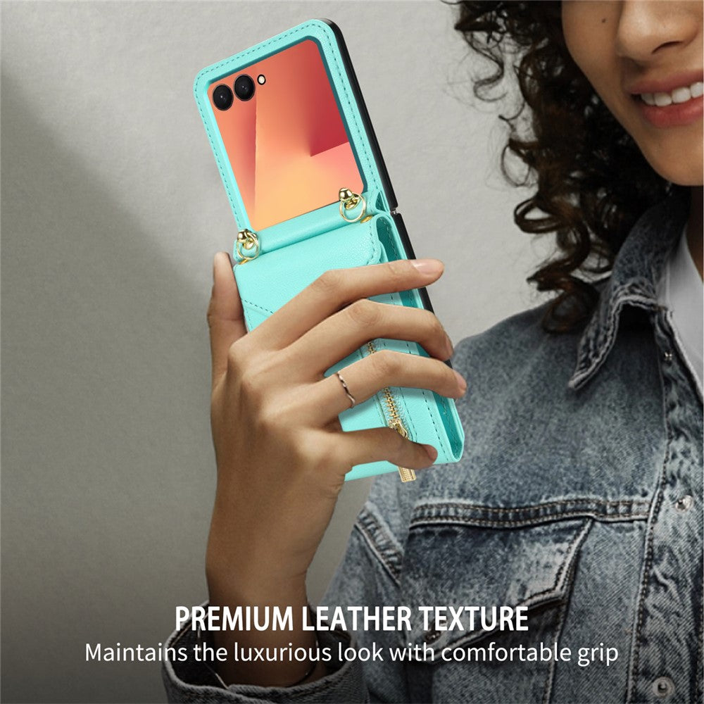 For Samsung Galaxy Z Flip7 5G Case Zipper Wallet Design PU PC Phone Cover with Long Strap - Green