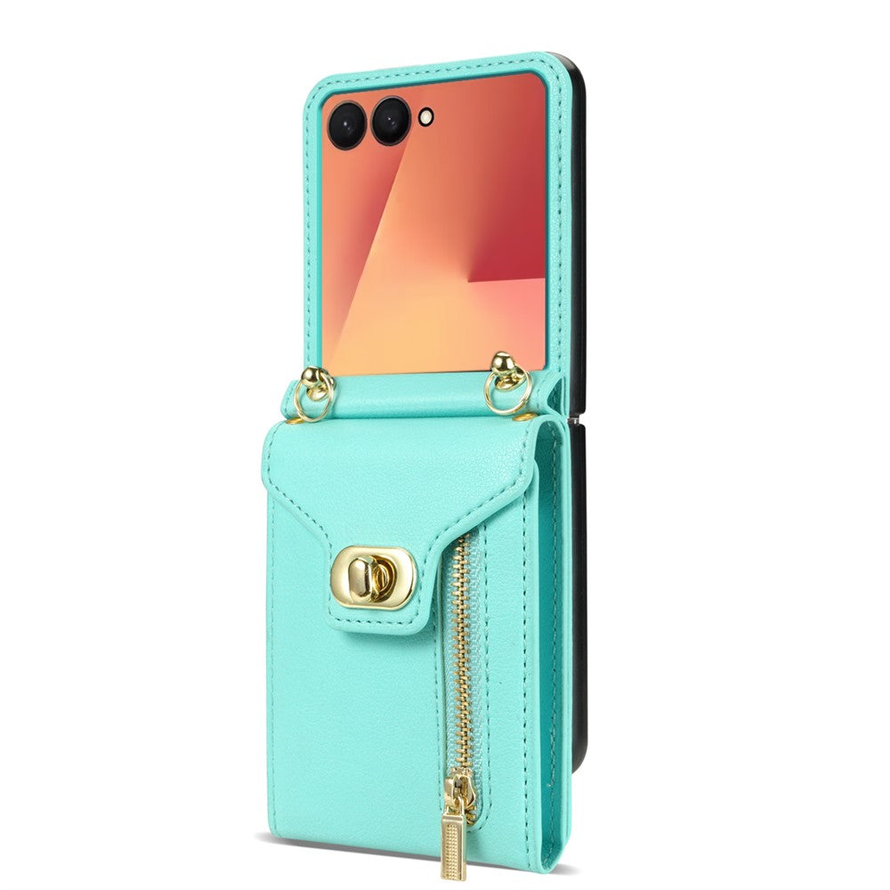 For Samsung Galaxy Z Flip7 5G Case Zipper Wallet Design PU PC Phone Cover with Long Strap - Green