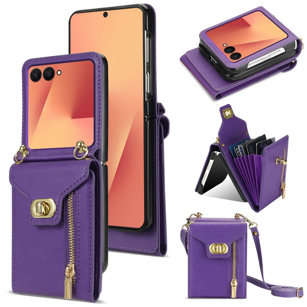 For Samsung Galaxy Z Flip7 5G Case Zipper Wallet Design PU PC Phone Cover with Long Strap - Purple
