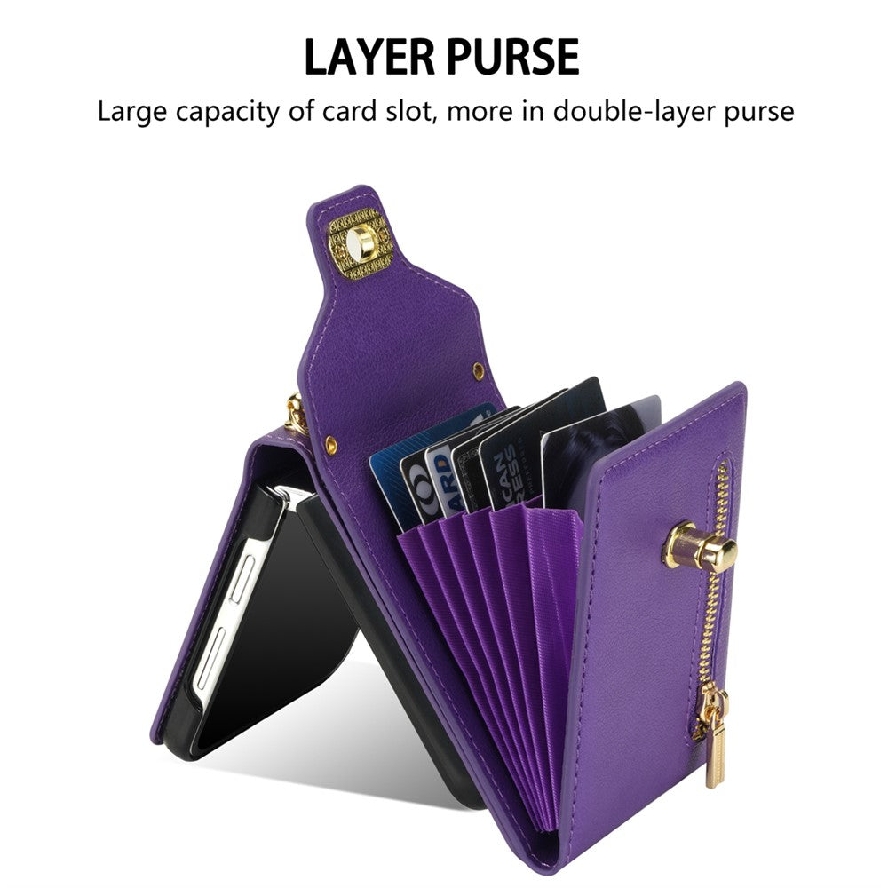 For Samsung Galaxy Z Flip7 5G Case Zipper Wallet Design PU PC Phone Cover with Long Strap - Purple