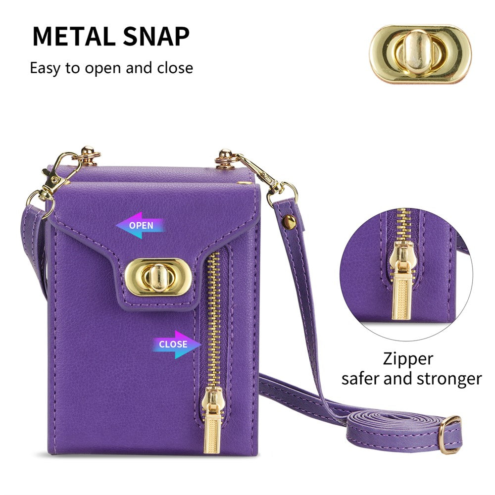 For Samsung Galaxy Z Flip7 5G Case Zipper Wallet Design PU PC Phone Cover with Long Strap - Purple