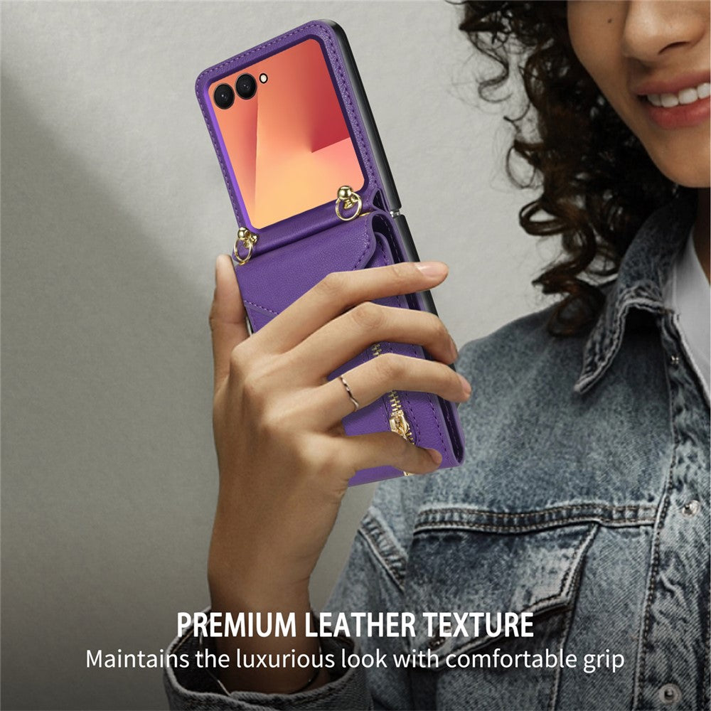 For Samsung Galaxy Z Flip7 5G Case Zipper Wallet Design PU PC Phone Cover with Long Strap - Purple