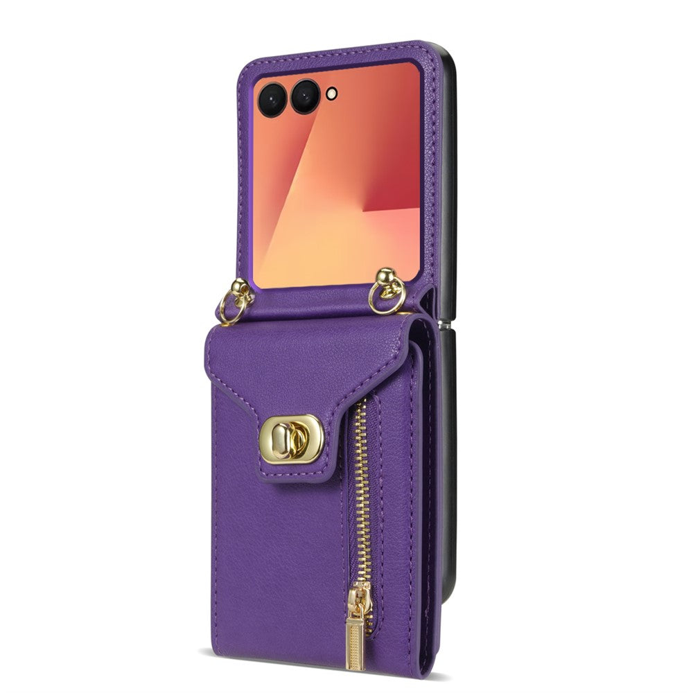 For Samsung Galaxy Z Flip7 5G Case Zipper Wallet Design PU PC Phone Cover with Long Strap - Purple