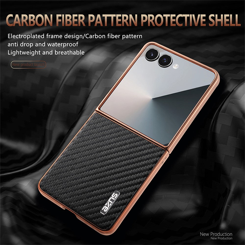 AZNS For Samsung Galaxy Z Flip7 5G Case Electroplating Carbon Fiber Texture PU+PC Phone Cover - Black