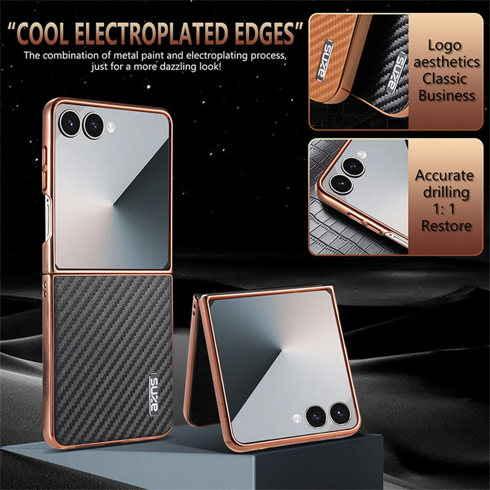 AZNS For Samsung Galaxy Z Flip7 5G Case Electroplating Carbon Fiber Texture PU+PC Phone Cover - Black