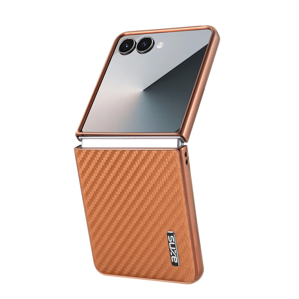 AZNS For Samsung Galaxy Z Flip7 5G Case Electroplating Carbon Fiber Texture PU+PC Phone Cover - Brown