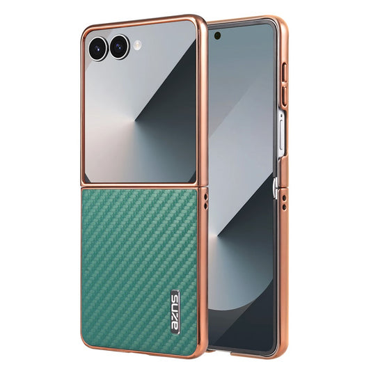 AZNS For Samsung Galaxy Z Flip7 5G Case Electroplating Carbon Fiber Texture PU+PC Phone Cover - Green