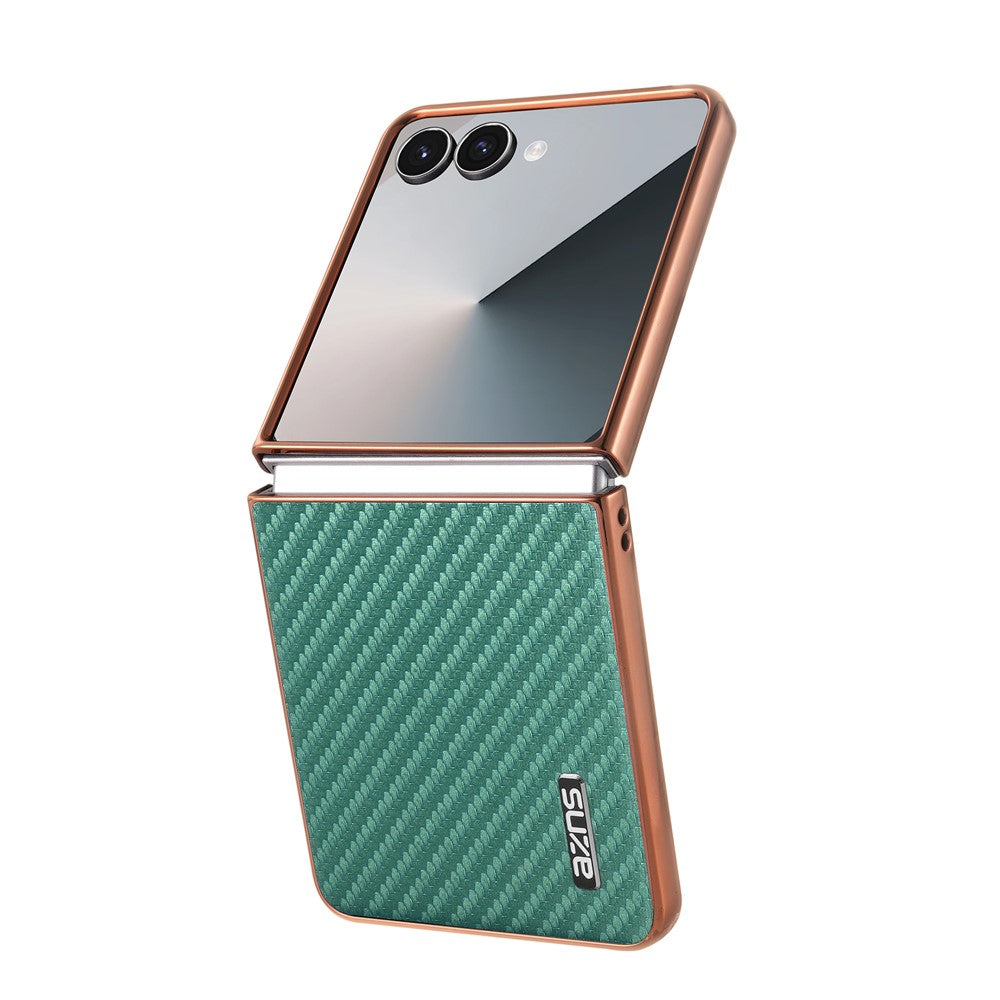 AZNS For Samsung Galaxy Z Flip7 5G Case Electroplating Carbon Fiber Texture PU+PC Phone Cover - Green