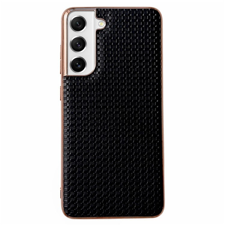 For Samsung Galaxy S22 5G Cell Phone Back Shell, Bump Proof Nano Electroplating Textured Genuine Leather Coated TPU Phone Case Protective Cover - Black