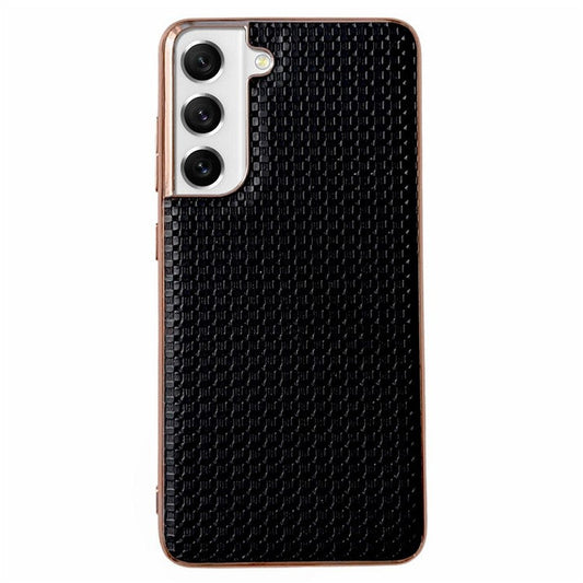 For Samsung Galaxy S22 5G Cell Phone Back Shell, Bump Proof Nano Electroplating Textured Genuine Leather Coated TPU Phone Case Protective Cover - Black