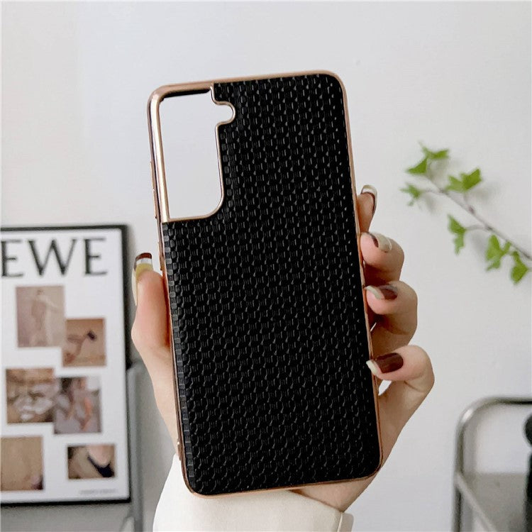 For Samsung Galaxy S22 5G Cell Phone Back Shell, Bump Proof Nano Electroplating Textured Genuine Leather Coated TPU Phone Case Protective Cover - Black