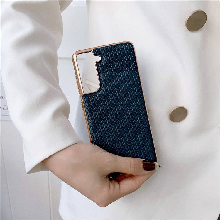 For Samsung Galaxy S22 5G Cell Phone Back Shell, Bump Proof Nano Electroplating Textured Genuine Leather Coated TPU Phone Case Protective Cover - Black