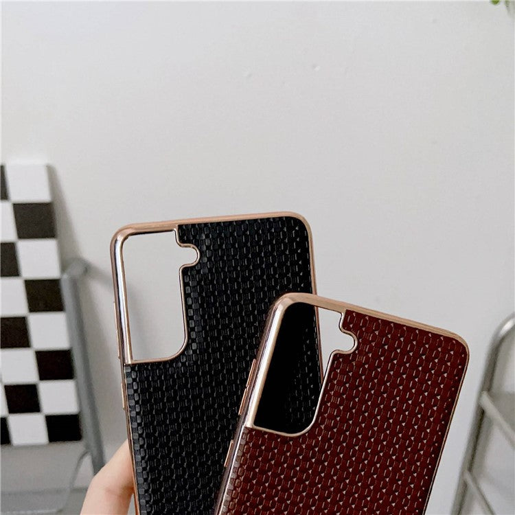 For Samsung Galaxy S22 5G Cell Phone Back Shell, Bump Proof Nano Electroplating Textured Genuine Leather Coated TPU Phone Case Protective Cover - Black