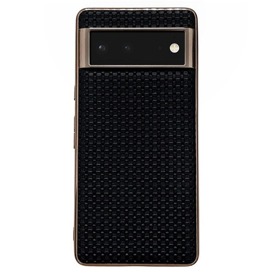 For Google Pixel 6 Cell Phone Shell, Scratch Resistant Back Protector Nano Electroplating Textured Genuine Leather Coated TPU Phone Case Protective Cover - Black