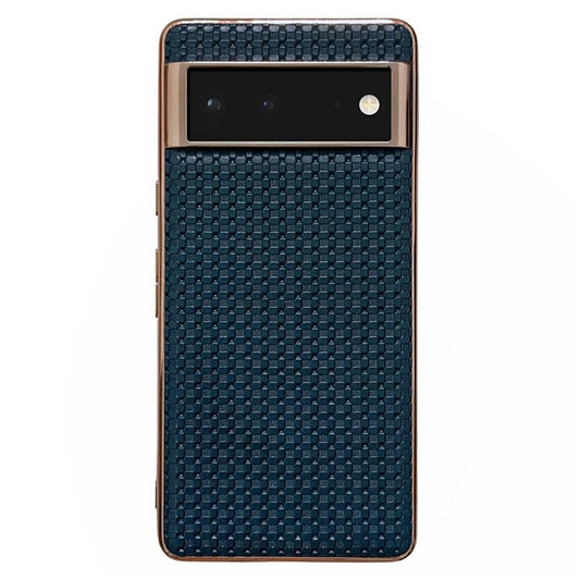 For Google Pixel 6 Cell Phone Shell, Scratch Resistant Back Protector Nano Electroplating Textured Genuine Leather Coated TPU Phone Case Protective Cover - Blue