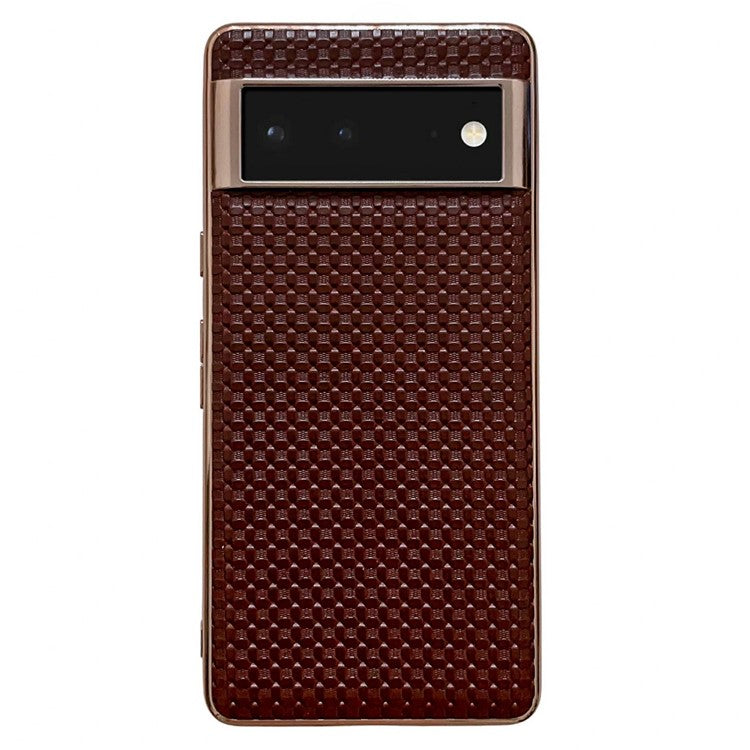 For Google Pixel 6 Cell Phone Shell, Scratch Resistant Back Protector Nano Electroplating Textured Genuine Leather Coated TPU Phone Case Protective Cover - Coffee