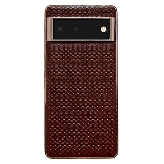 For Google Pixel 6 Cell Phone Shell, Scratch Resistant Back Protector Nano Electroplating Textured Genuine Leather Coated TPU Phone Case Protective Cover - Coffee