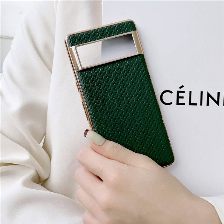 For Google Pixel 6 Cell Phone Shell, Scratch Resistant Back Protector Nano Electroplating Textured Genuine Leather Coated TPU Phone Case Protective Cover - Coffee