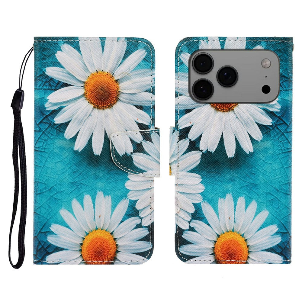 For iPhone 17 Pro Max Case Pattern Printing Protective Leather Folio Phone Cover with Wrist Strap - Chrysanthemum