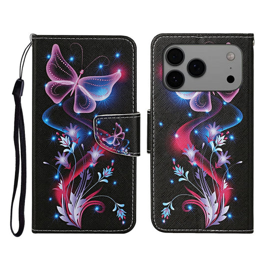 For iPhone 17 Pro Max Case Pattern Printing Protective Leather Folio Phone Cover with Wrist Strap - Glowing Butterfly