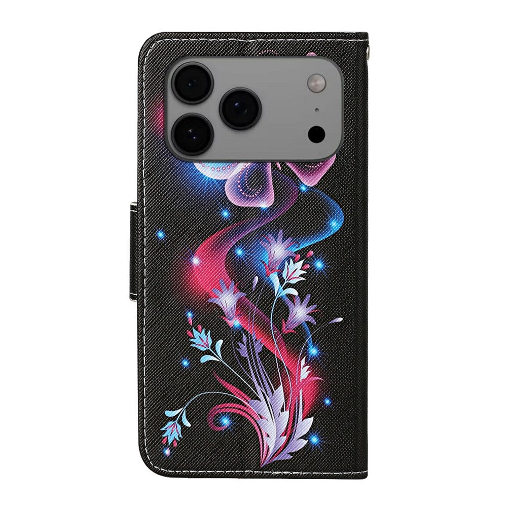 For iPhone 17 Pro Max Case Pattern Printing Protective Leather Folio Phone Cover with Wrist Strap - Glowing Butterfly