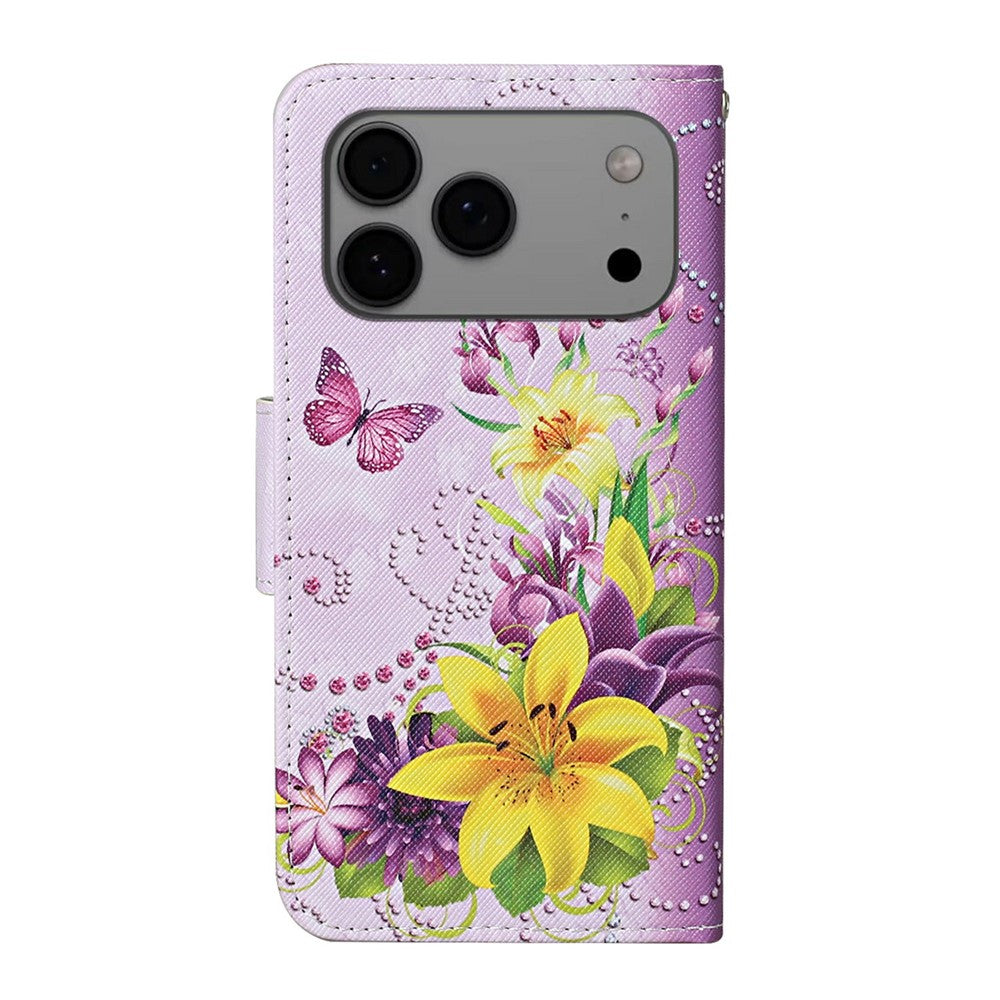 For iPhone 17 Pro Max Case Pattern Printing Protective Leather Folio Phone Cover with Wrist Strap - Yellow Butterfly