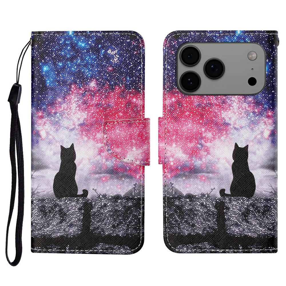 For iPhone 17 Pro Max Case Pattern Printing Protective Leather Folio Phone Cover with Wrist Strap - Galaxy Cat