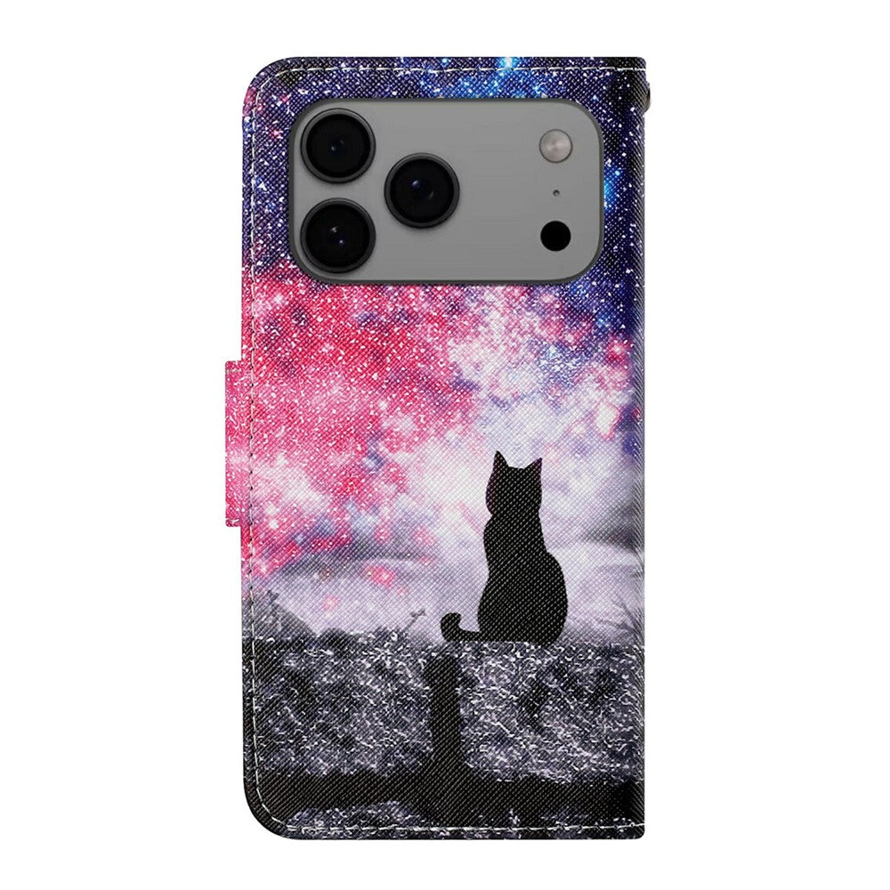 For iPhone 17 Pro Max Case Pattern Printing Protective Leather Folio Phone Cover with Wrist Strap - Galaxy Cat