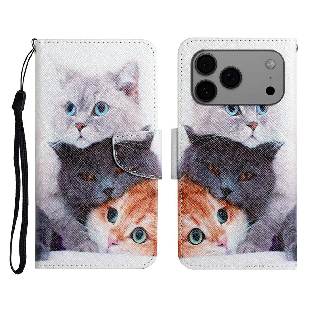 For iPhone 17 Pro Max Case Pattern Printing Protective Leather Folio Phone Cover with Wrist Strap - Three Cats