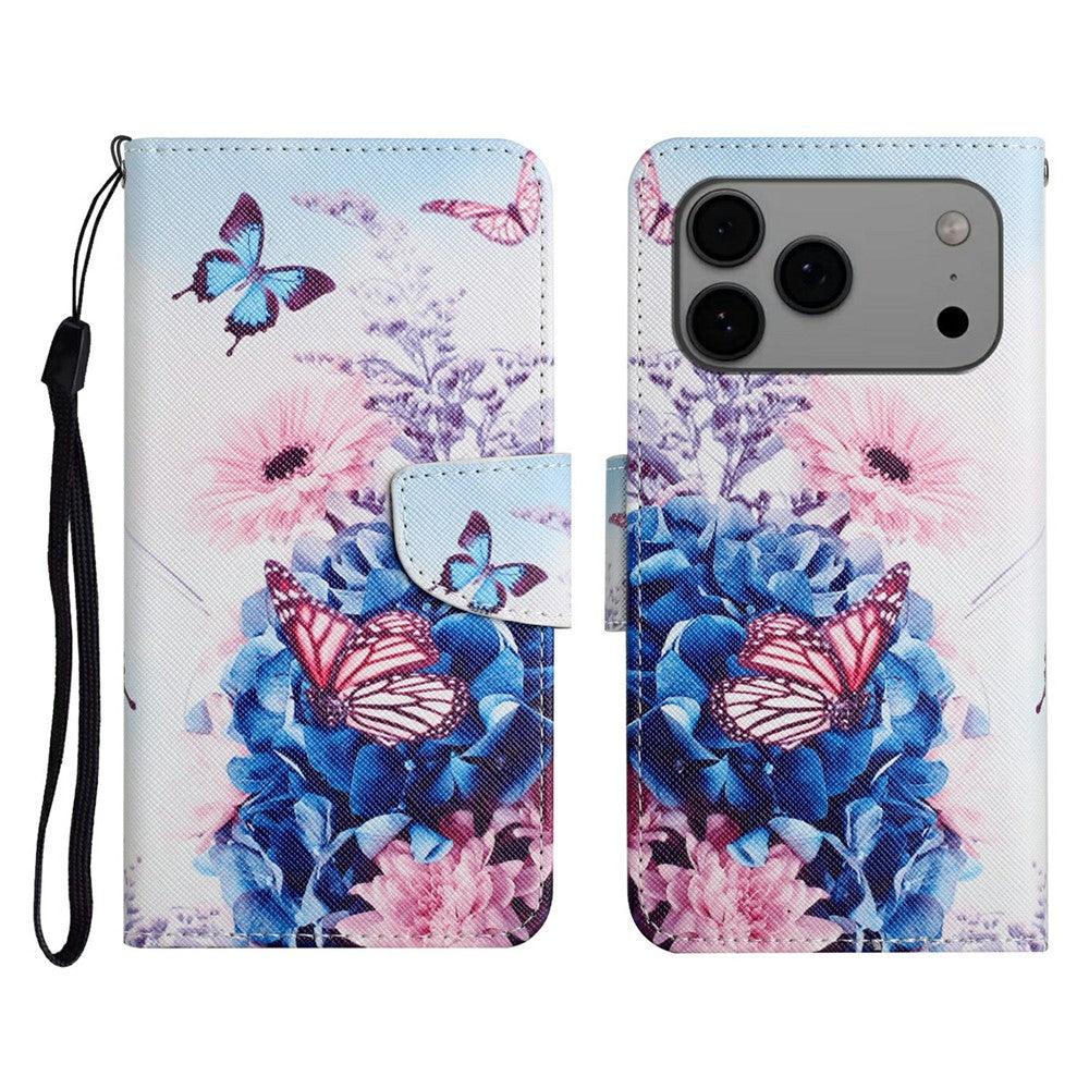 For iPhone 17 Pro Max Case Pattern Printing Protective Leather Folio Phone Cover with Wrist Strap - Purple Butterfly