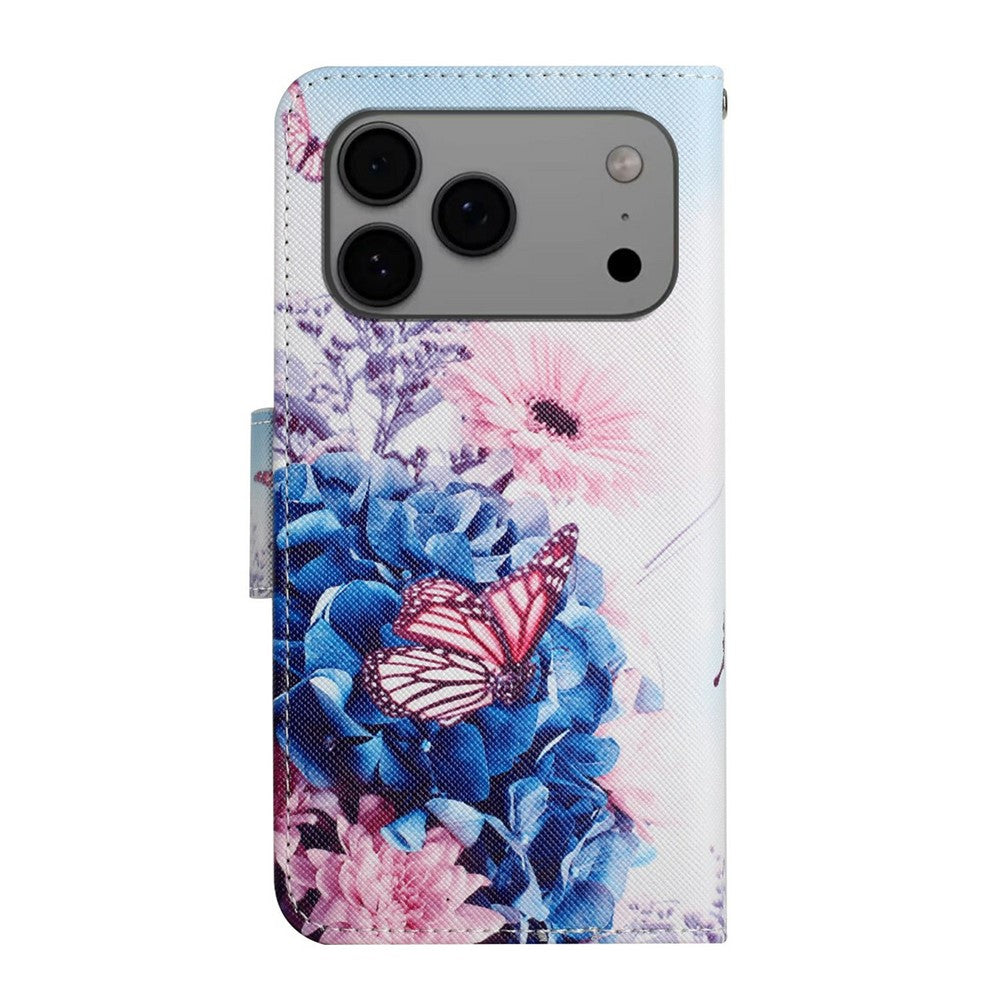 For iPhone 17 Pro Max Case Pattern Printing Protective Leather Folio Phone Cover with Wrist Strap - Purple Butterfly