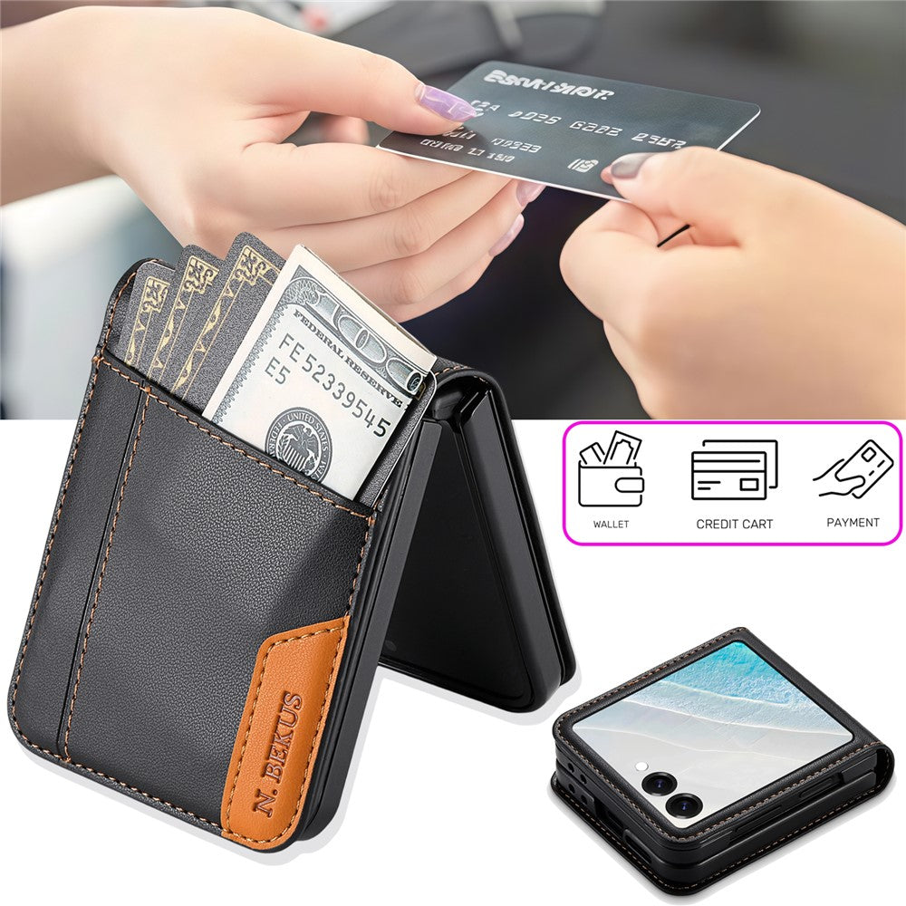 N.BEKUS For Samsung Galaxy Z Flip7 5G Case Card Slot PU + PC Phone Back Cover - Black