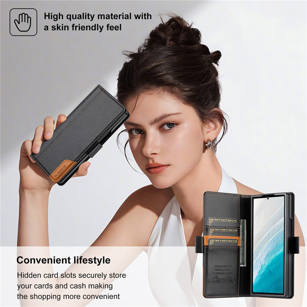 N.BEKUS For Samsung Galaxy Z Fold7 5G Stand Case RFID Blocking PU Leather Wallet Phone Cover - Black