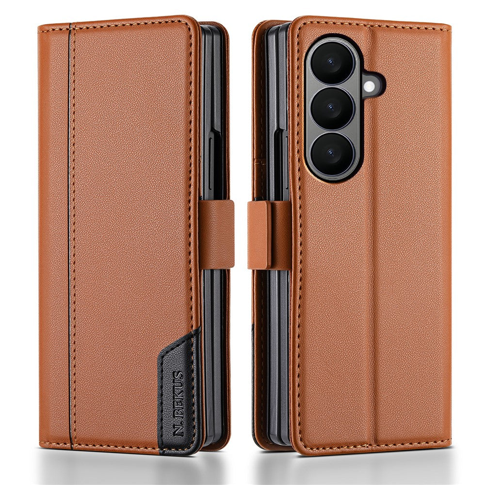 N.BEKUS For Samsung Galaxy Z Fold7 5G Stand Case RFID Blocking PU Leather Wallet Phone Cover - Brown