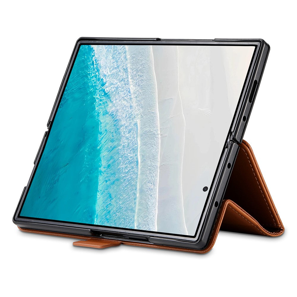 N.BEKUS For Samsung Galaxy Z Fold7 5G Stand Case RFID Blocking PU Leather Wallet Phone Cover - Brown