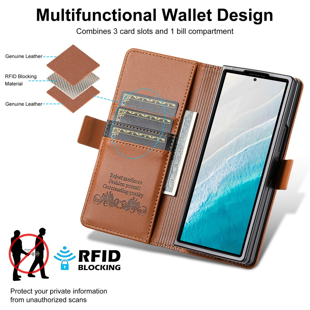 N.BEKUS For Samsung Galaxy Z Fold7 5G Stand Case RFID Blocking PU Leather Wallet Phone Cover - Brown