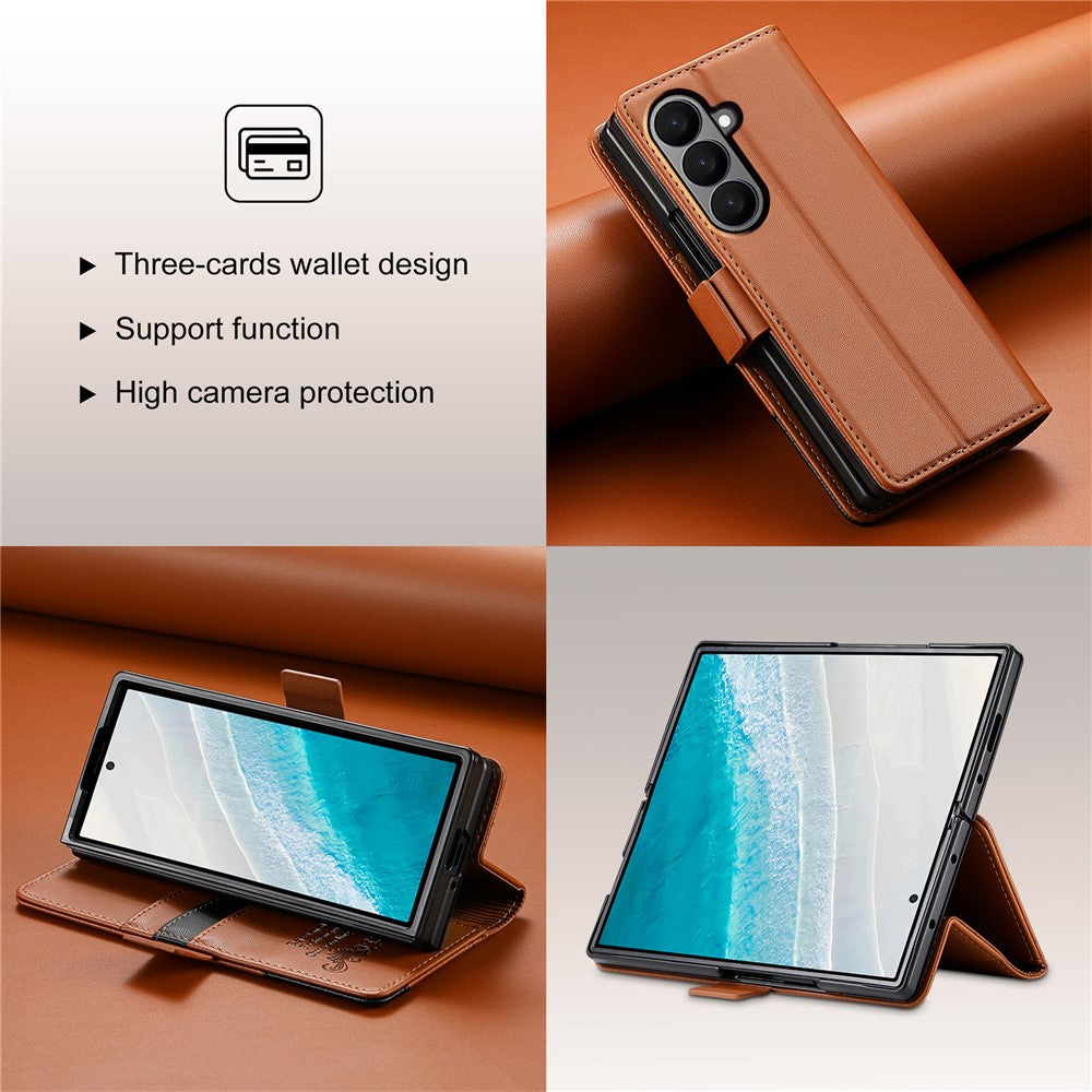 N.BEKUS For Samsung Galaxy Z Fold7 5G Stand Case RFID Blocking PU Leather Wallet Phone Cover - Brown