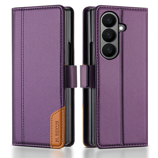 N.BEKUS For Samsung Galaxy Z Fold7 5G Stand Case RFID Blocking PU Leather Wallet Phone Cover - Purple