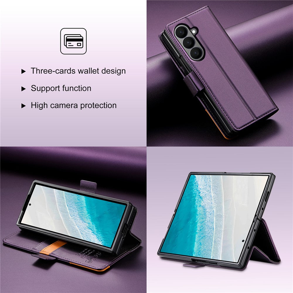 N.BEKUS For Samsung Galaxy Z Fold7 5G Stand Case RFID Blocking PU Leather Wallet Phone Cover - Purple