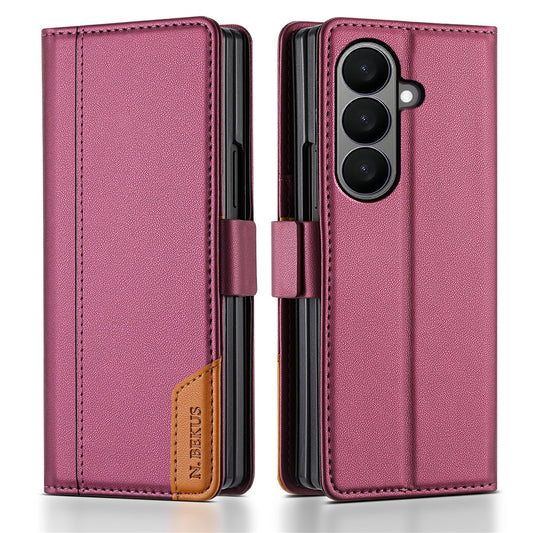 N.BEKUS For Samsung Galaxy Z Fold7 5G Stand Case RFID Blocking PU Leather Wallet Phone Cover - Wine Red