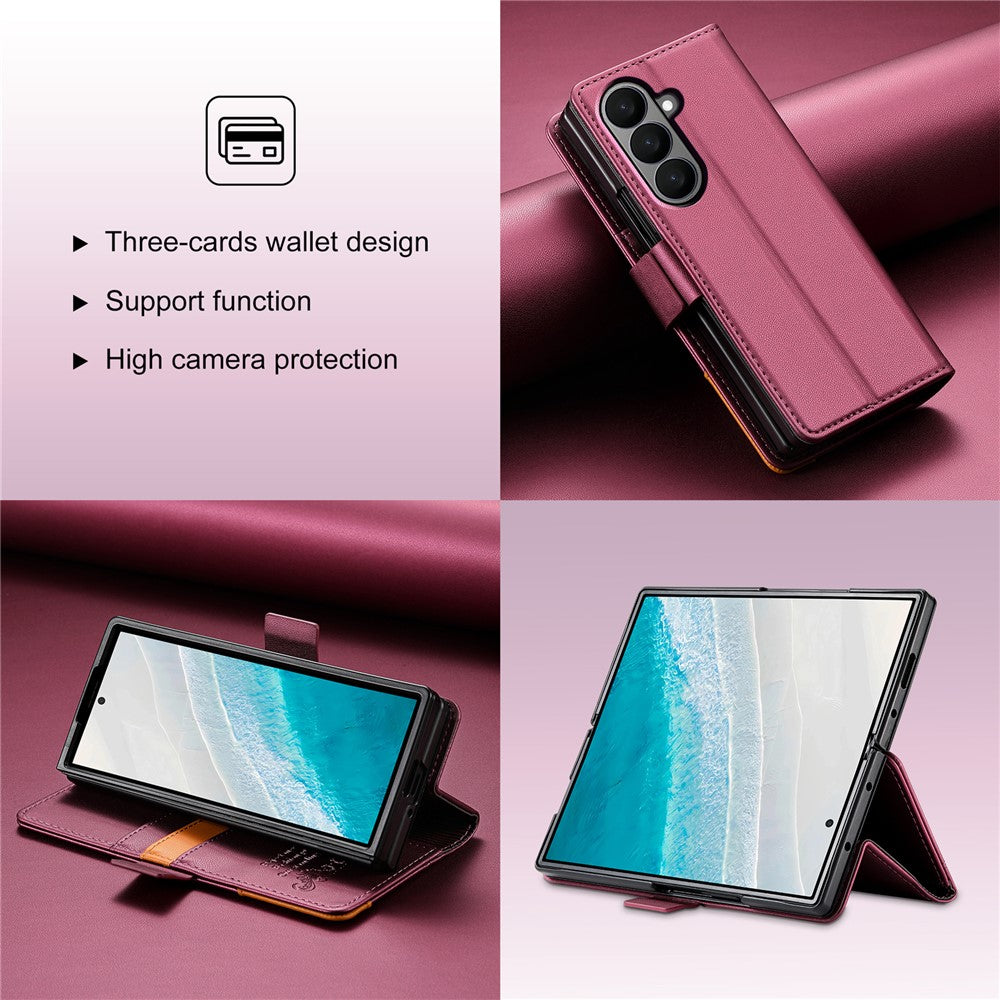 N.BEKUS For Samsung Galaxy Z Fold7 5G Stand Case RFID Blocking PU Leather Wallet Phone Cover - Wine Red