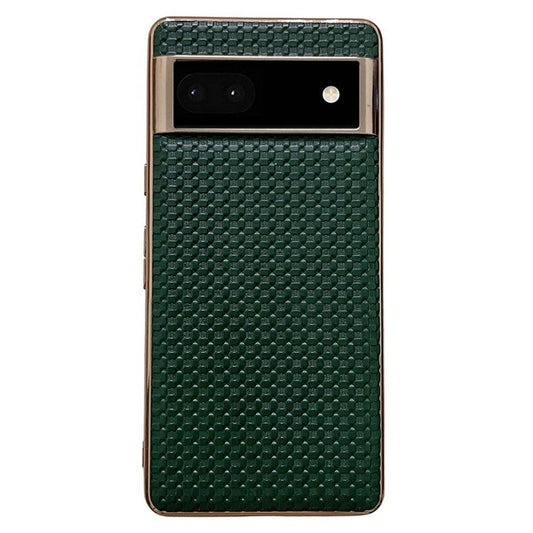 For Google Pixel 6a Cell Phone Shell, Back Protector Impact Resistant Nano Electroplating Textured Genuine Leather Coated TPU Phone Case Protective Cover - Green