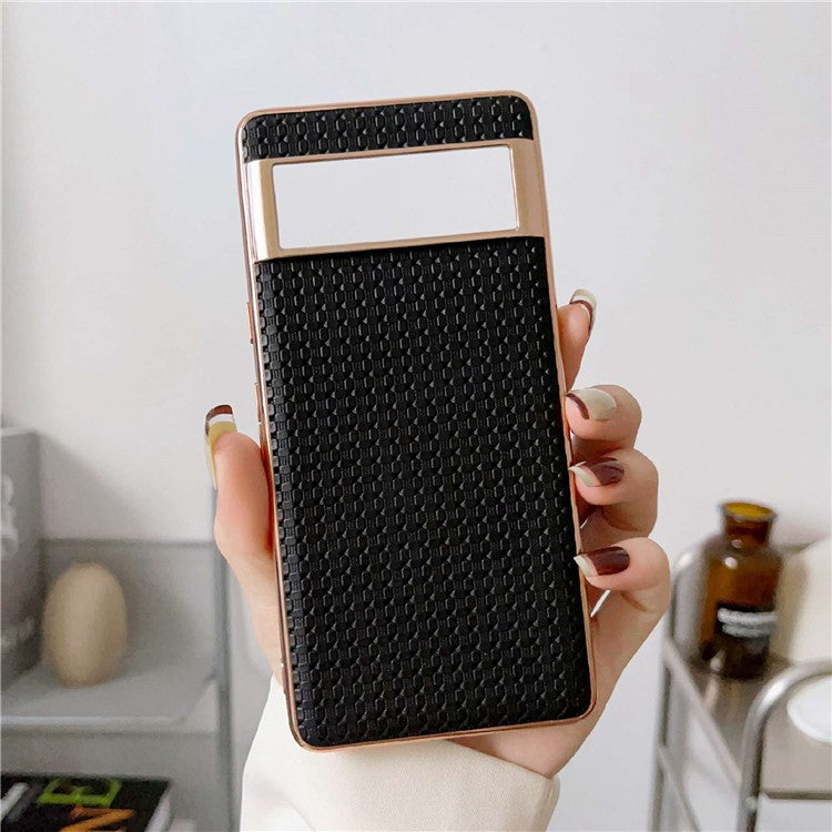 For Google Pixel 6a Cell Phone Shell, Back Protector Impact Resistant Nano Electroplating Textured Genuine Leather Coated TPU Phone Case Protective Cover - Black