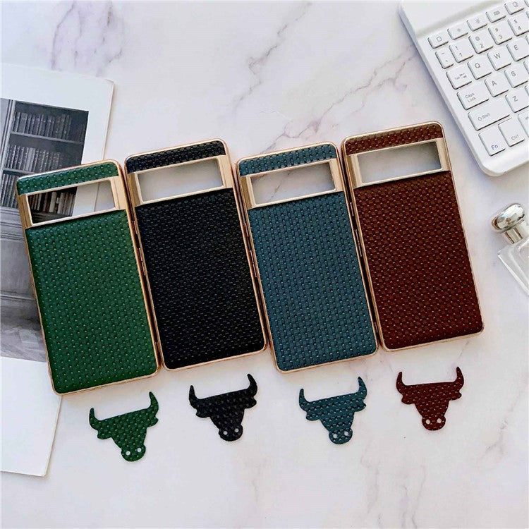 For Google Pixel 6a Cell Phone Shell, Back Protector Impact Resistant Nano Electroplating Textured Genuine Leather Coated TPU Phone Case Protective Cover - Blue