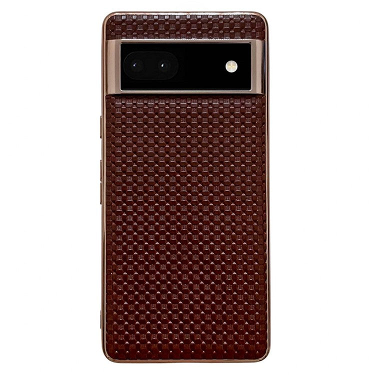 For Google Pixel 6a Cell Phone Shell, Back Protector Impact Resistant Nano Electroplating Textured Genuine Leather Coated TPU Phone Case Protective Cover - Coffee