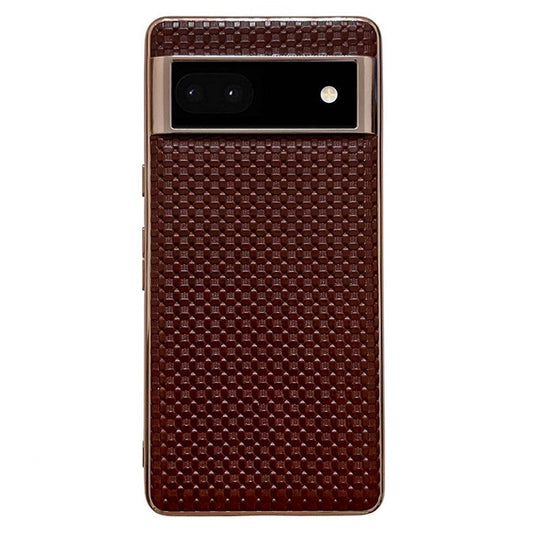 For Google Pixel 6a Cell Phone Shell, Back Protector Impact Resistant Nano Electroplating Textured Genuine Leather Coated TPU Phone Case Protective Cover - Coffee
