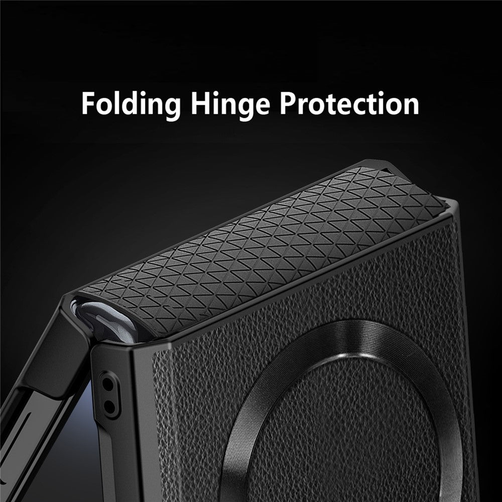 For Samsung Galaxy Z Flip7 5G Case Compatible with MagSafe Kickstand PC+PU Phone Cover with Screen / Lens Film - Wheat Black