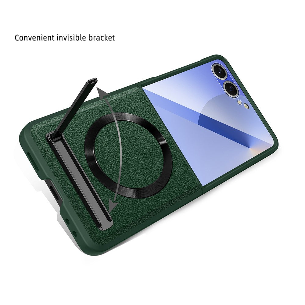 For Samsung Galaxy Z Flip7 5G Case Compatible with MagSafe Kickstand PC+PU Phone Cover with Screen / Lens Film - Black
