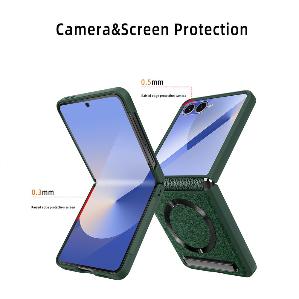 For Samsung Galaxy Z Flip7 5G Case Compatible with MagSafe Kickstand PC+PU Phone Cover with Screen / Lens Film - Black