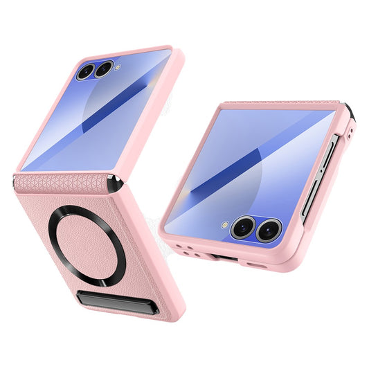 For Samsung Galaxy Z Flip7 5G Case Compatible with MagSafe Kickstand PC+PU Phone Cover with Screen / Lens Film - Pink